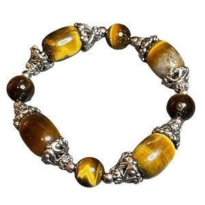 Vintage‎ Tigers Eye & Silver Toned Scrolled Beaded Stretch Bracelet.